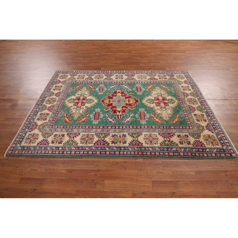 Green Geometric Kazak Oriental Area Rug Handmade Bedroom Wool Carpet - 5'0" x 6'7"