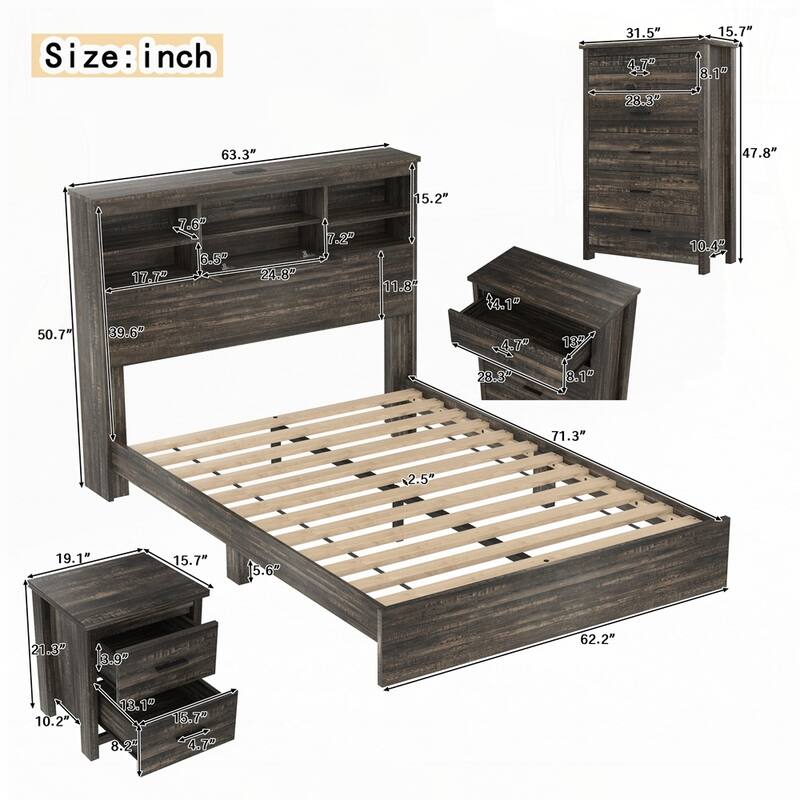 Wooden Bed Frame with Storage Headboard and Charging Station Bedroom Sets