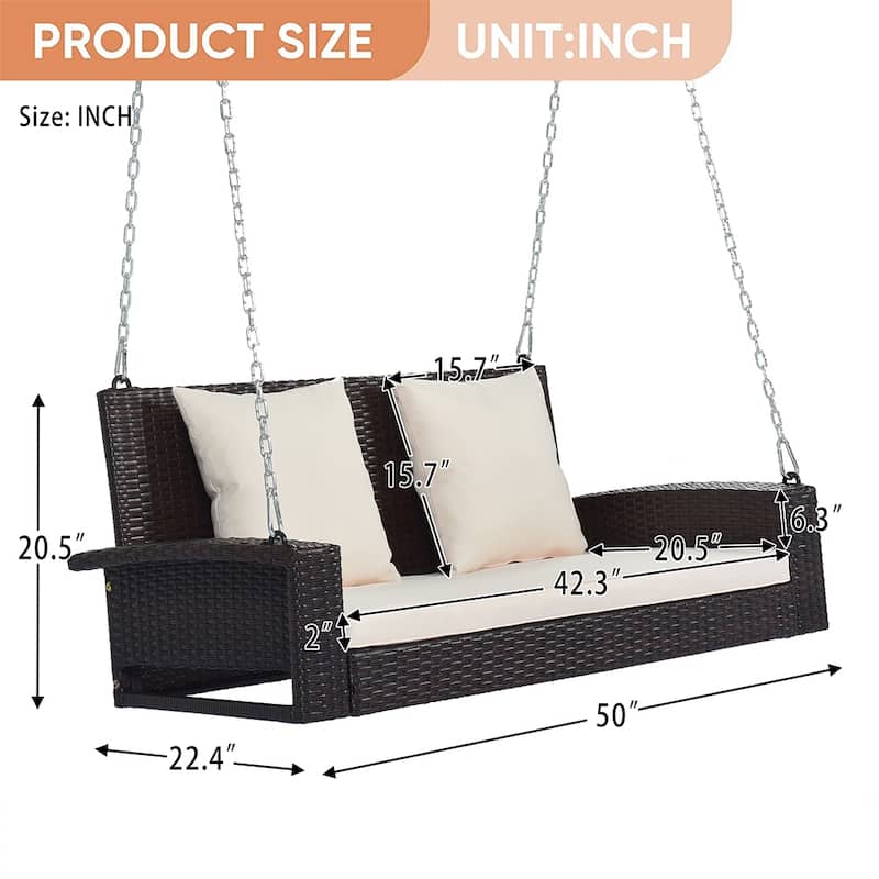 Outdoor Patio 2-Seat Wicker Porch Swing w/ Steel Chain, Cushions - 50"L x 22.4"W x 20.5"H