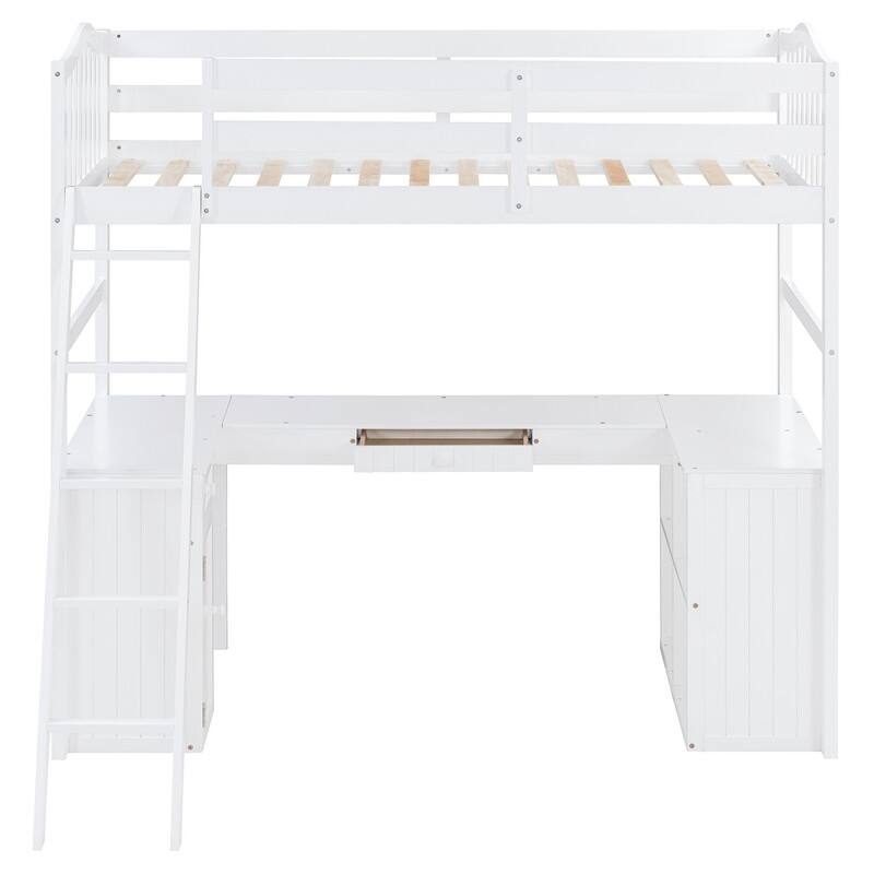 Twin size Loft Bed with Drawers, Cabinet, Shelves and Desk, Wooden Loft Bed with Desk - White