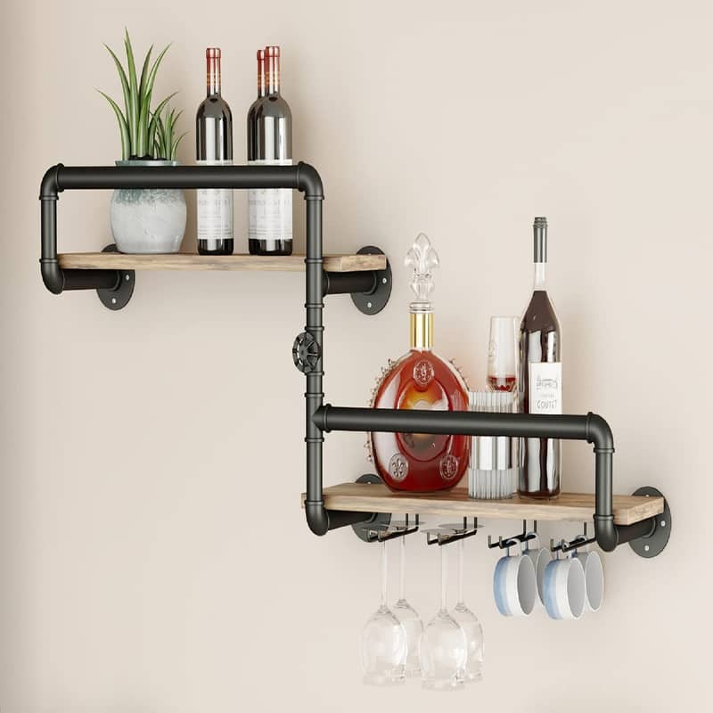 Wine Rack Wall Mounted with 4 Stem Glass Holder - 43.3 x 17.7 x 9.3 inches - Black-2 Tier