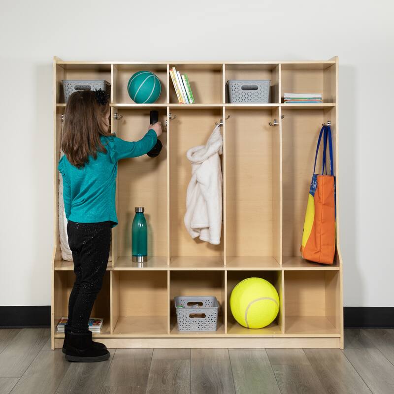 Wood School Coat Locker with Bench, Cubbies and Storage Organizer Hook - 48"W x 13.375" - 15"D x 48"H