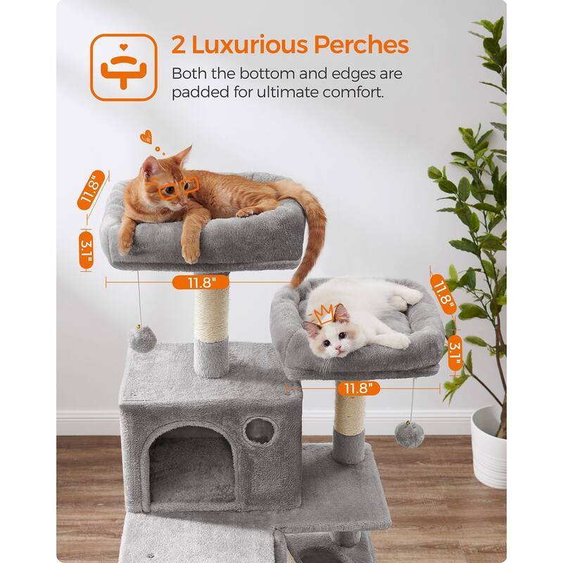 Cat Tree, 66.1-Inch Large Cat Tower with 13 Scratching Posts, 2 Perches, 2 Caves, Basket, Hammock, Pompoms