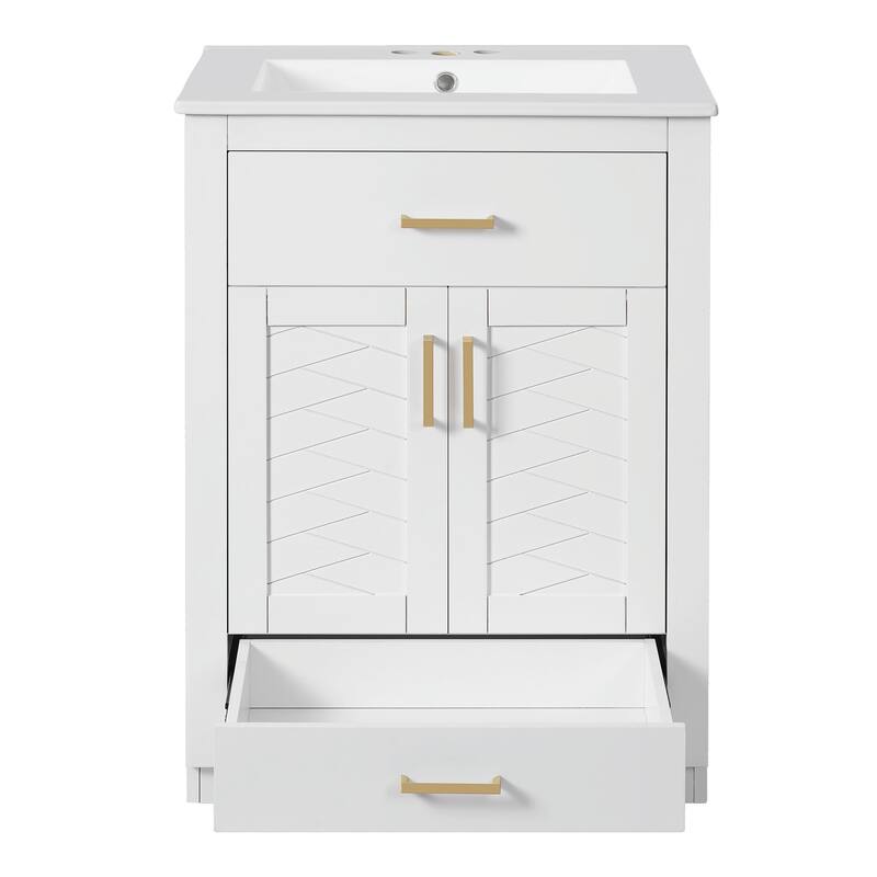 24" Bathroom Vanity with Integrated Ceramic Sink, Cabinet with 2 Doors, 1 Tip-out Drawer