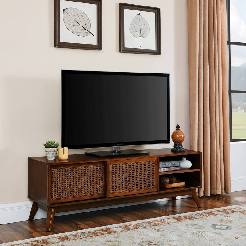 Mid Century Modern Rattan TV Stand for 65 Inch TV, Entertainment Cabinet, Media Console