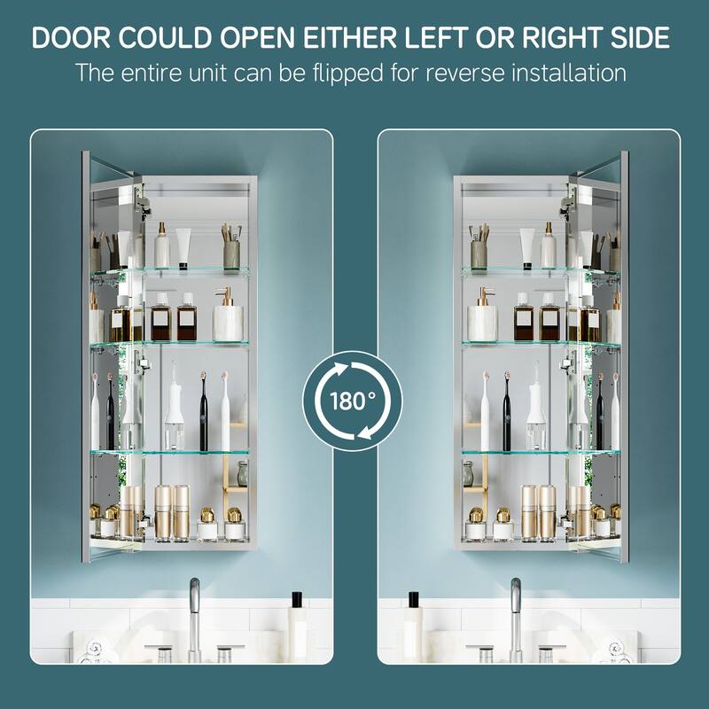 12x36" Tri-View Mirrored Medicine Cabinet with Soft-Close Blum Hinges, Recessed/Surface Mount, Reversible Door, Aluminum Body
