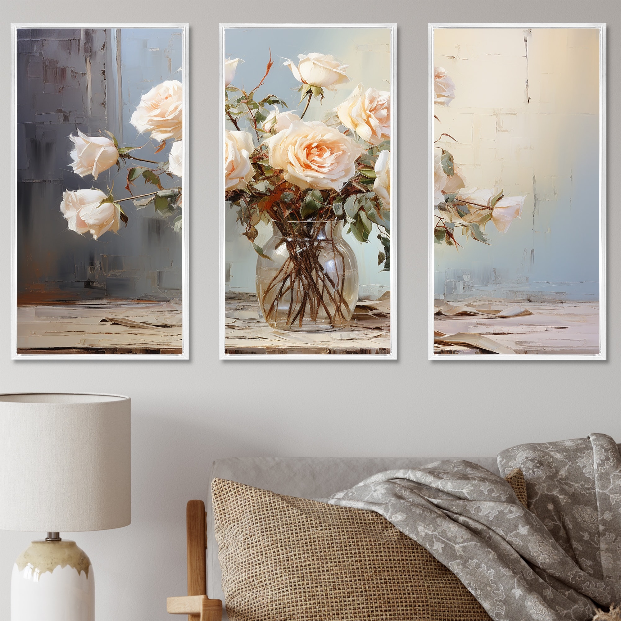 Designart "Roses Farmhouse Still Life" Roses Framed Art Set of 3 - Modern Wall Art Set Beige Wall Decor 3 Pieces