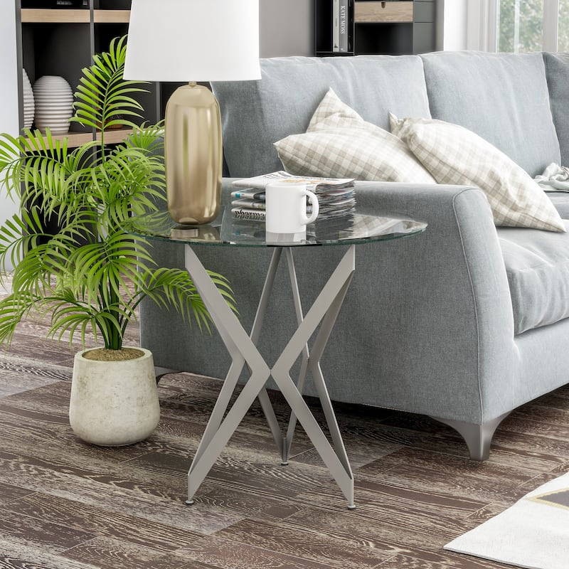 Alma Modern 24-inch Metal Round Glass Top Side Table by Furniture of America - Champagne