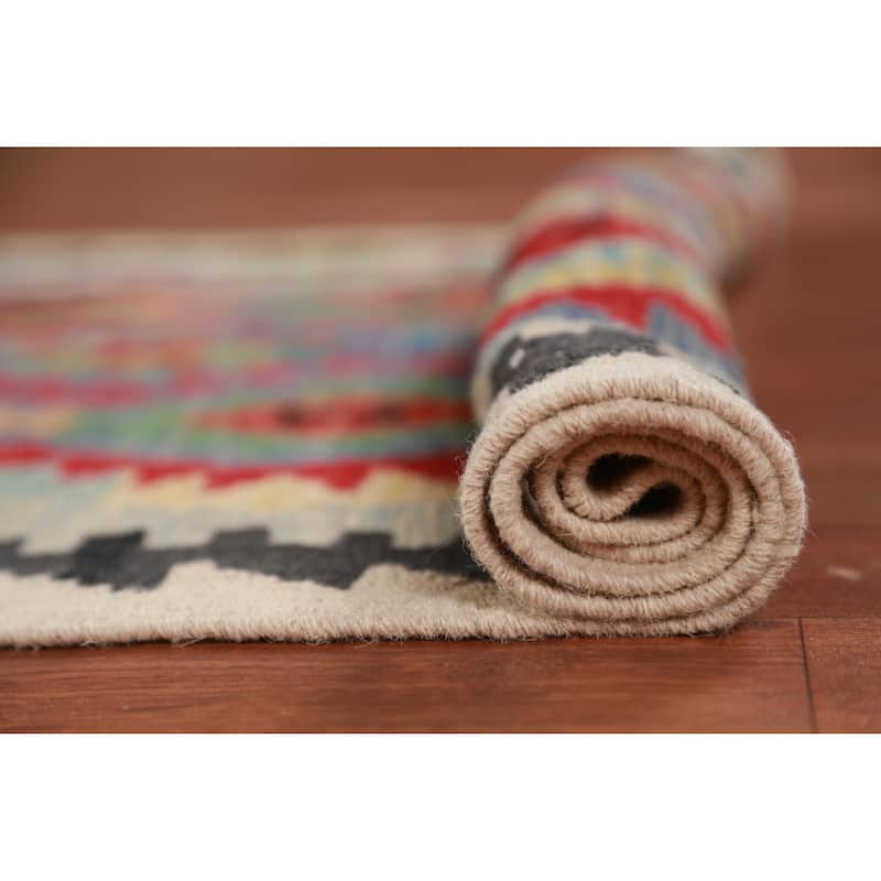 Hand Woven Oriental 100% Wool Carpet Southwestern All-Over Multi-Colored Kilim Runner Rug - 12' 7'' X 2' 8''
