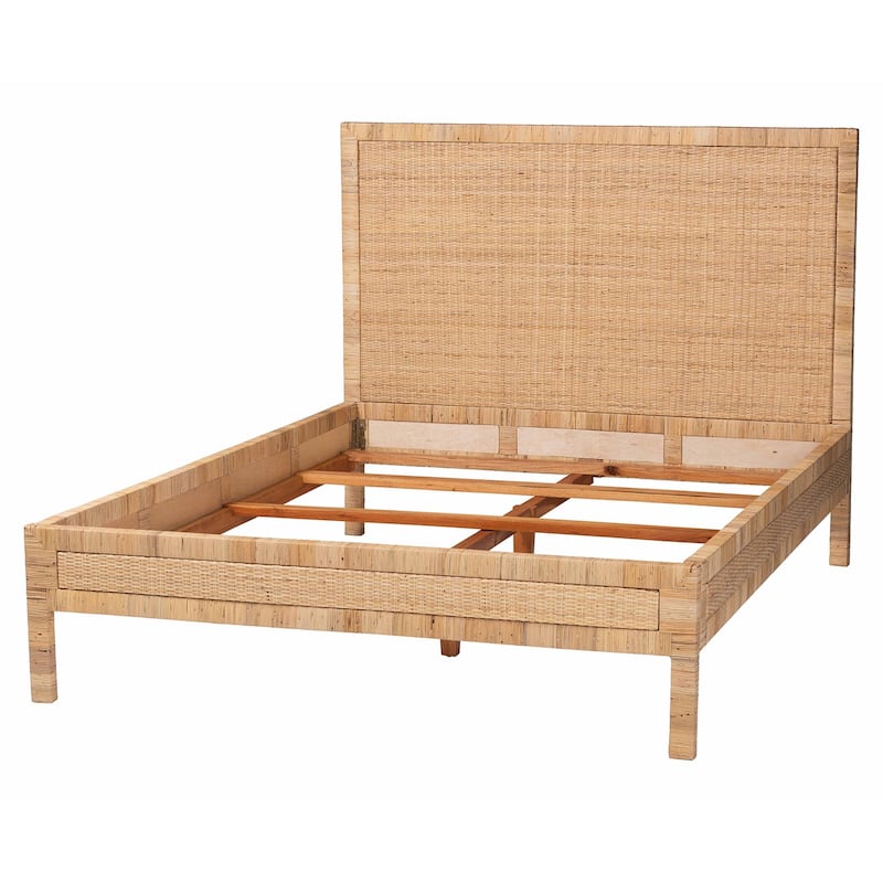 Kalimantan Natural Rattan Bed - Coastal Boho Style Bed Frame with Woven Detailing, Queen