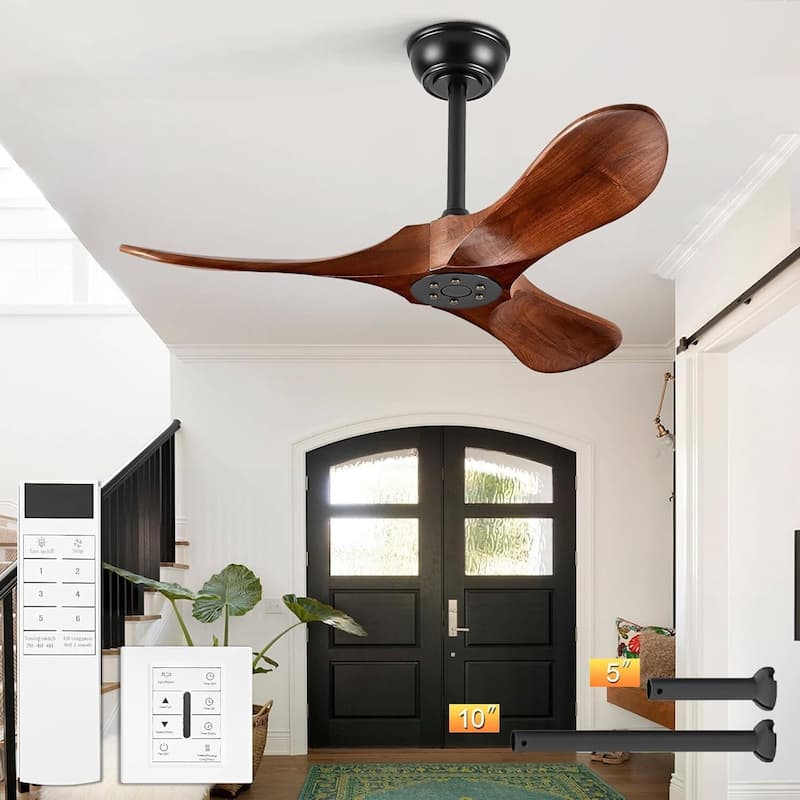 Sofucor 36 Inch Small Solid Wood Ceiling Fan without Light,With Wall Switch and Remote,3 Blades Walnut for Living Room Bedroom