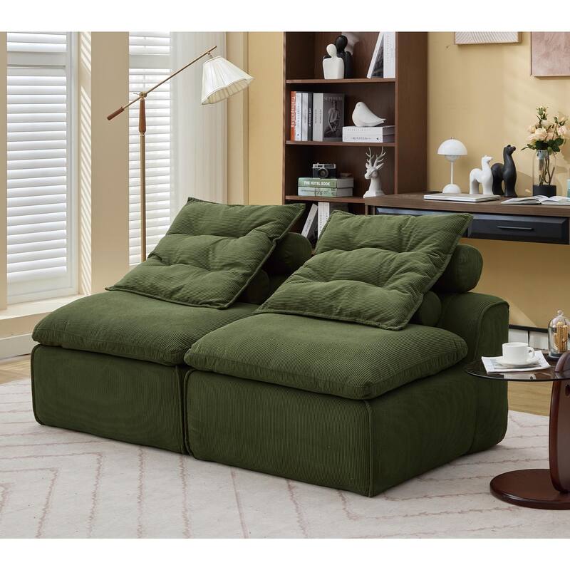 Modular 2-Seat Upholstered Green Sofa, DIY, Corduroy, with Neck & Lumbar Pillows