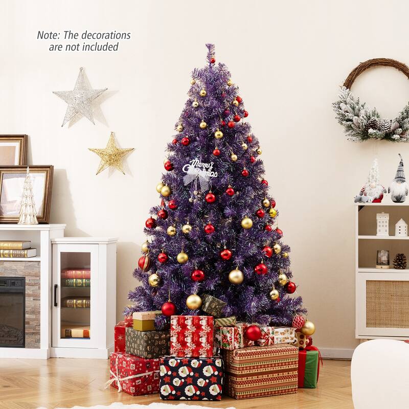 Gymax 6 FT Pre-Lit Tinsel Christmas Tree Artificial Xmas Tree w/ Lush