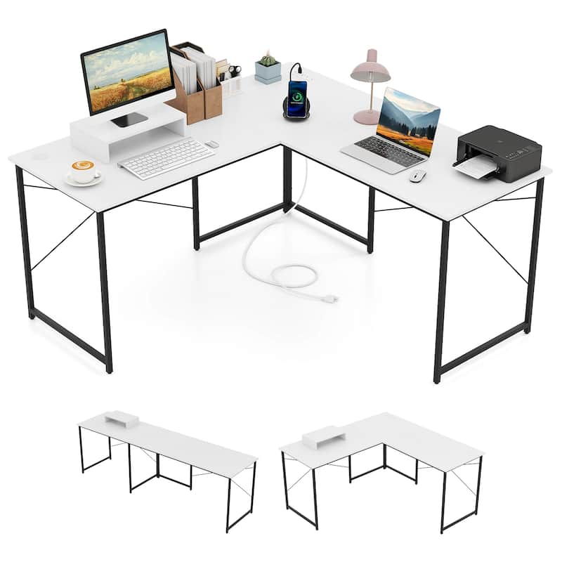 Gymax 95'' L-Shaped Reversible Computer Desk 2-Person Long Table - White & Black