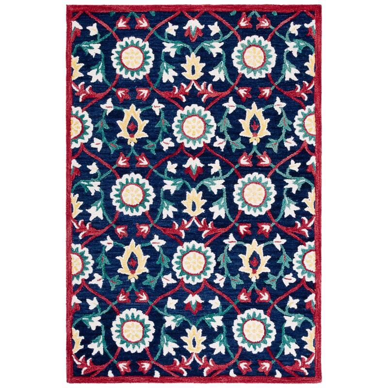 SAFAVIEH Handmade Blossom Rositza Floral Wool Rug - 6' Square - Navy/Red