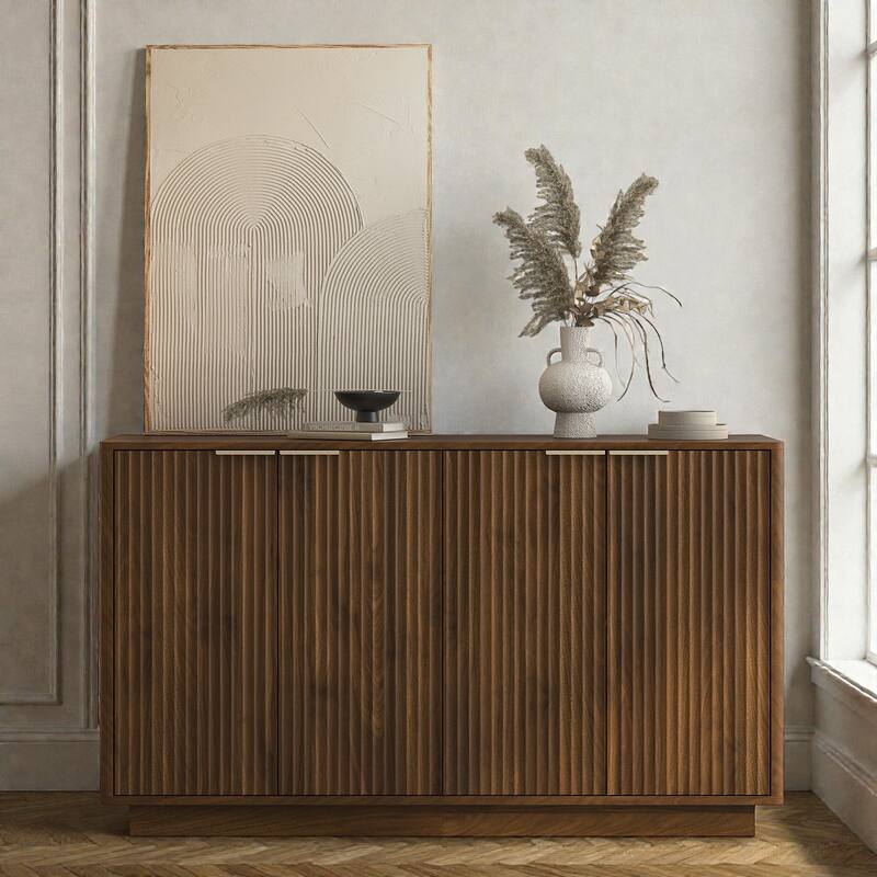 55.1" Modern Fluted Buffet Cabinet with Adjustable Shelves, Large Sideboard Credenza Storage Console Table - Brown