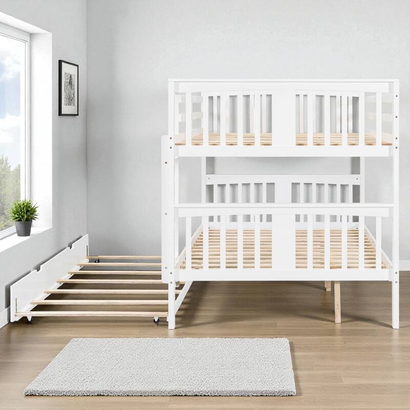 Full over Full Wood Bunk Bed with Storage Drawers and Ladder, Convertible Beds with Guardrails for Bedroom or Guest Room