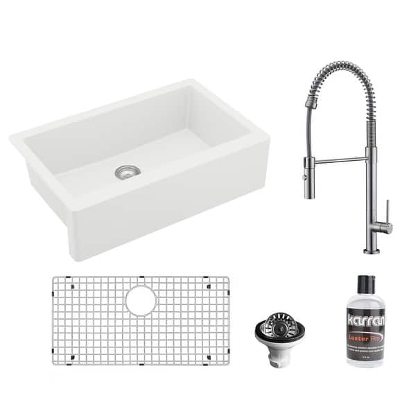 slide 2 of 9, Karran All-in-One Apron Front/Farmhouse Quartz 34-in Single Bowl Kitchen Sink in White with Faucet KKF220 in Stainless Steel