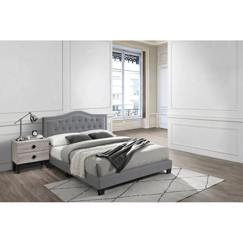 Transitional Style 3pc Bed 2x Nightstand Set tufted Headboard Diamond Knobs Gray Finish