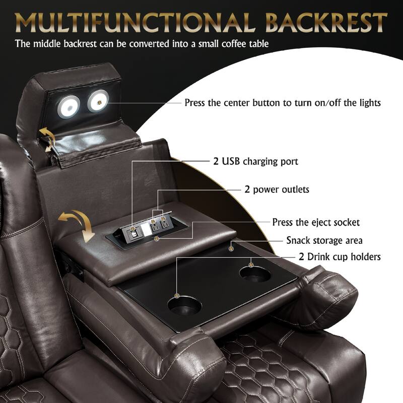 Roomfitters 86.6" Power Recliner 3-Piece Set, Top-Grain Nappa Leather, 34-Color RGB LED & USB-C Charging, Coffee