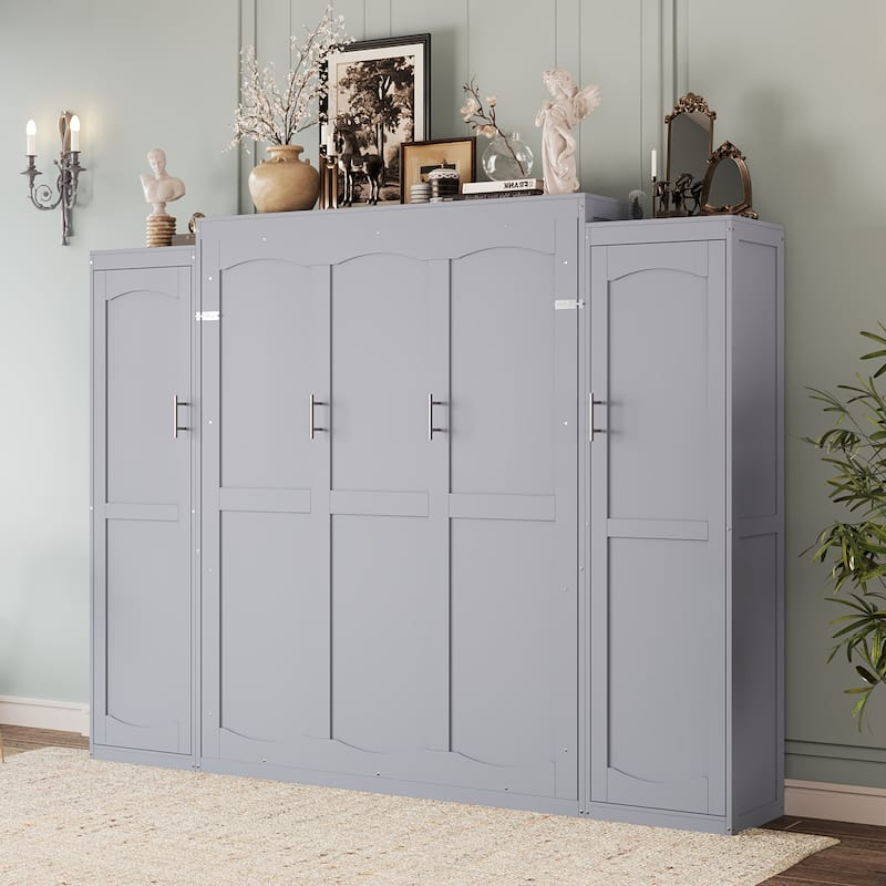 Full/Queen Size Murphy Bed, Wood Wall Murphy Bed with Two Closets and Shelves, Foldable Platform Bed Frame with Wooden Slats