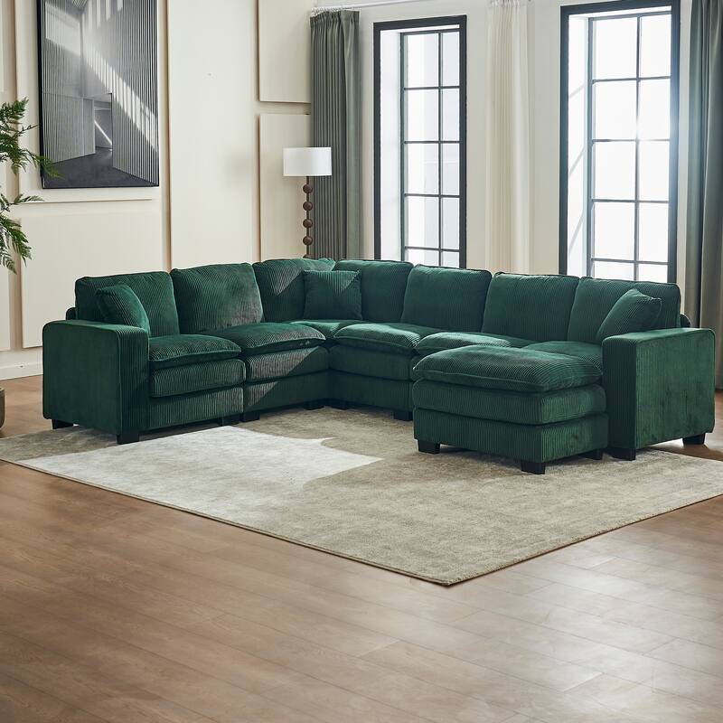 Modular Sectional Sofa for Living Room, U Shaped Sofa Couch with Ottoman and Three Toss Pillows, Corduroy Fabric Sofa Set