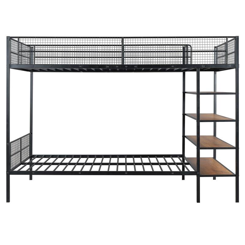 Twin Over Full Metal Bunk Bed with 5-Tier Shelves