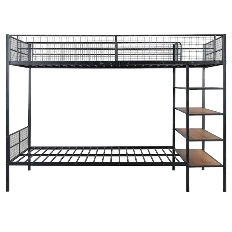 Twin over Full Metal Bunk Bed with 5-Tier Shelves, White