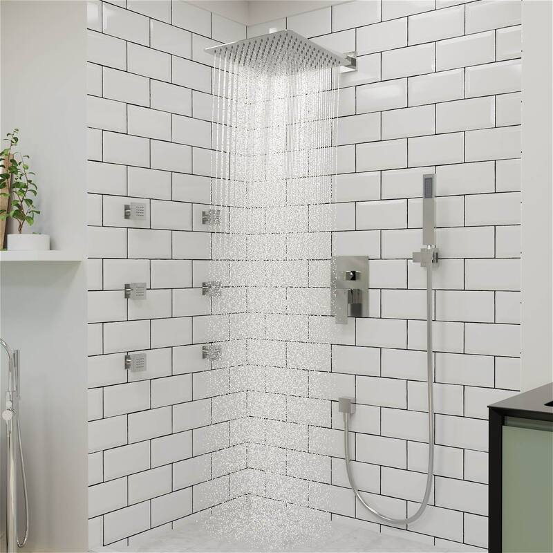 12" Wall Mount Rainfall 3 Way Thermostatic Faucet Shower System with Slide Bar, 6 Jets