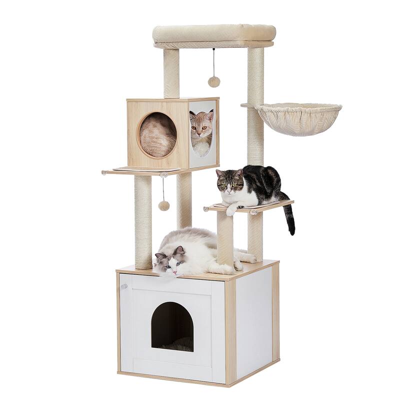 56.7" Cat Tree with Enclosure Large Litter Box, Cozy Cat Condo, Scratching Post and Repalcable Dangling Balls