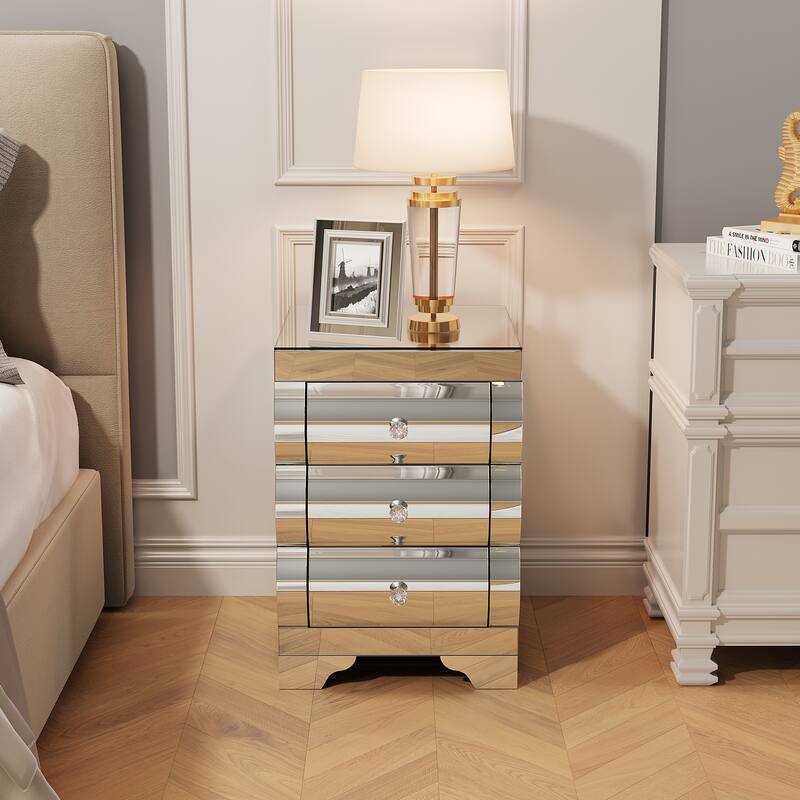 Baked curved mirror Nightstand with 3 Drawer Glass Bedside Table Chest of Drawers for Bedroom Small Spaces End Table