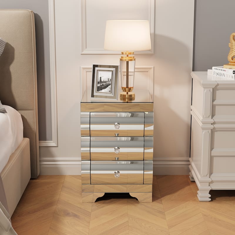 Modern Mirrored Nightstand with 3 Drawers, Glass Bedside Table for Bedroom or Living Room, Silver Finish