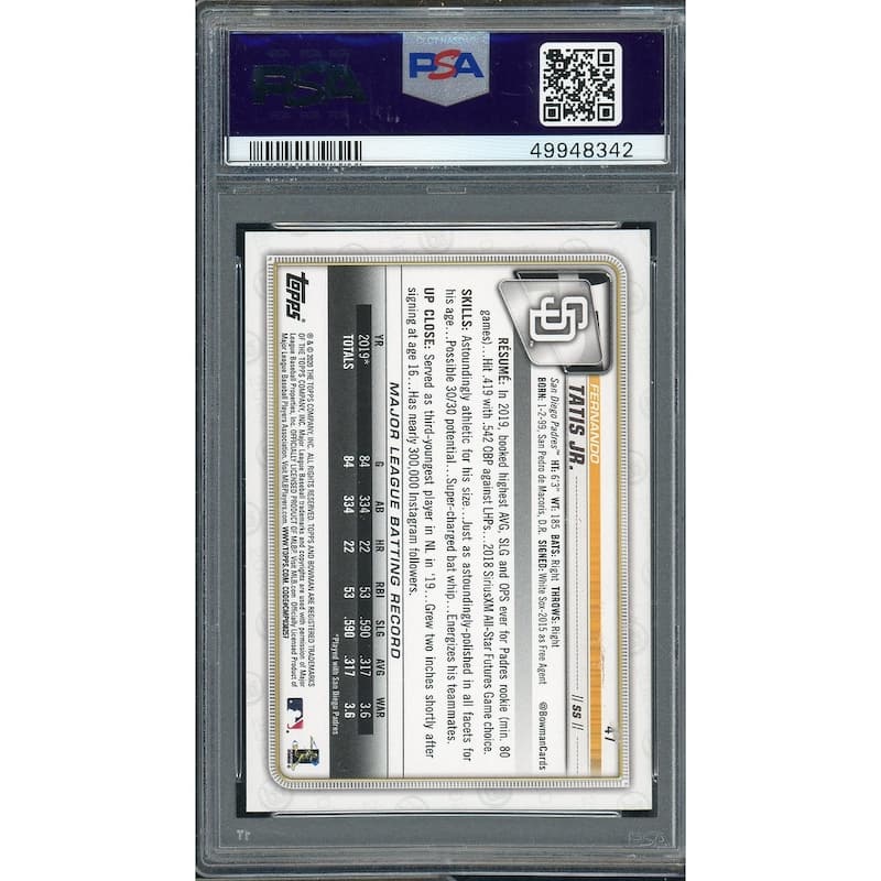 Fernando Tatis Jr 2020 Bowman Baseball Card #47 Graded PSA 10 - 8'6" x 11'6"