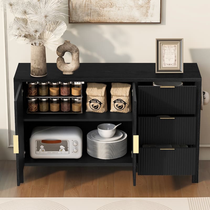 Modern Large Storage Buffet Cabinet with 3 Drawers and Wave-Pattern Doors, Sideboard with Hooks and Extra Center Leg - Black