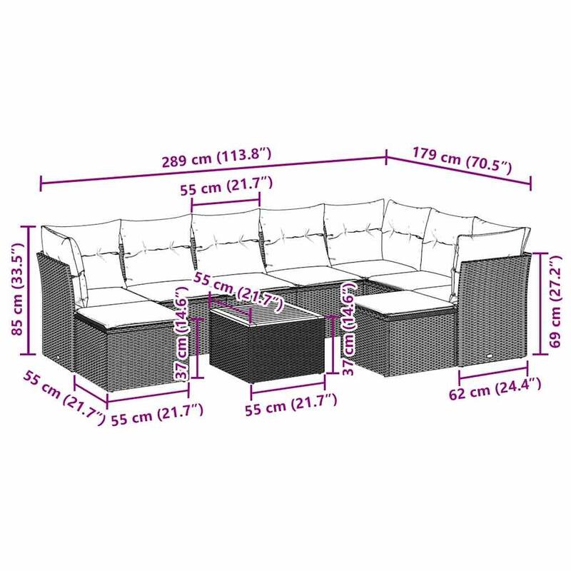 vidaXL Garden Sofa Set Black Poly Rattan 10 Piece Adjustable Armrests - 21.7 x 21.7 x 14.6