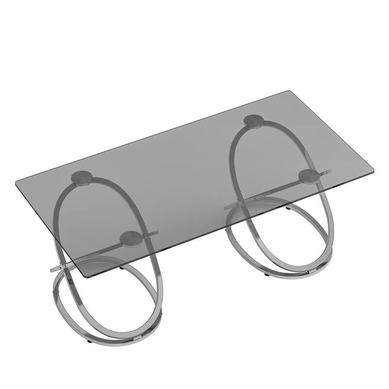 31.50"Modern Rectangle Glass Coffee Table with Ring-Shaped Frames, Chrome Finish and Gray Tempered Glass