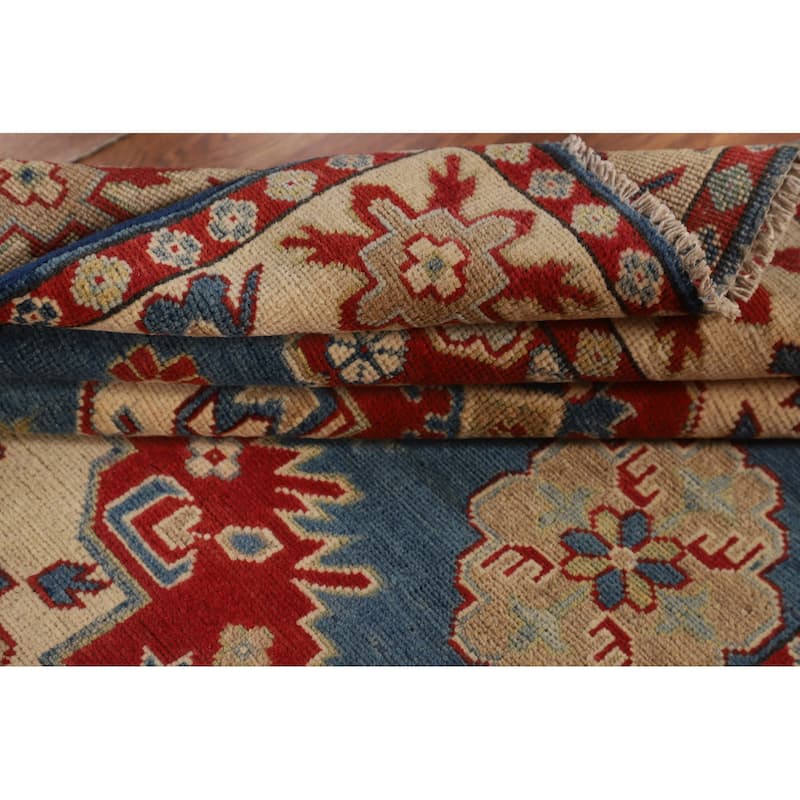 Blue Geometric Kazak Oriental Area Rug Bedroom Handmade Wool Carpet - 4'10" x 6'11"