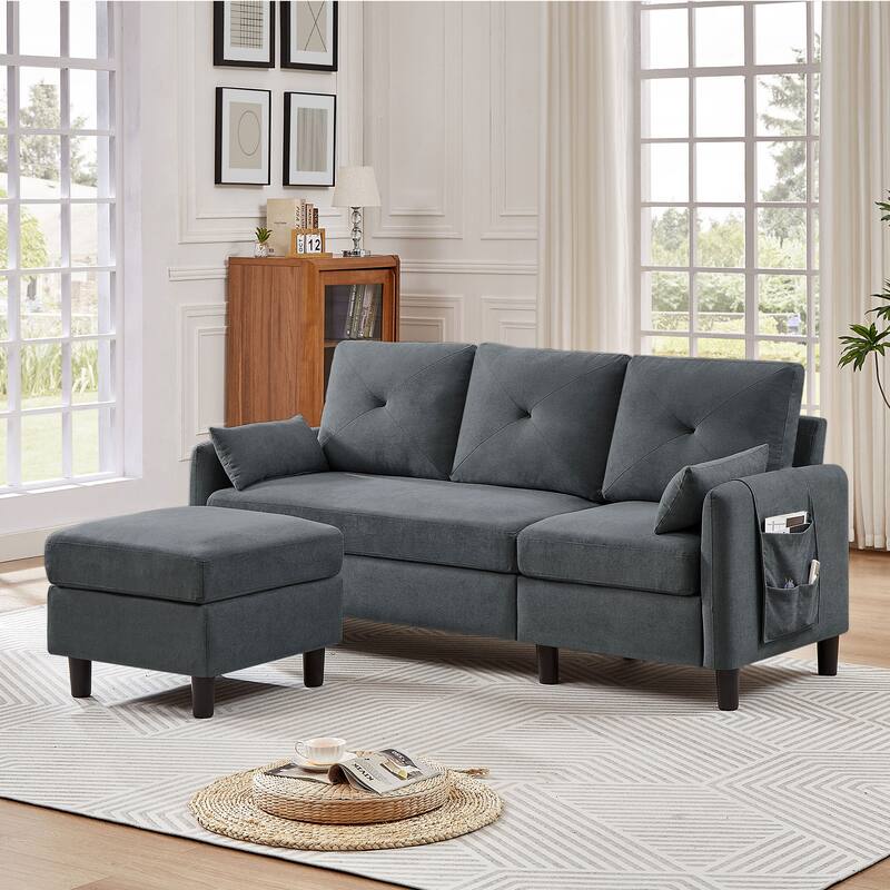 77.36" L Shaped Sectional Sofa with Side Storage Pocket and Reversible Ottoman