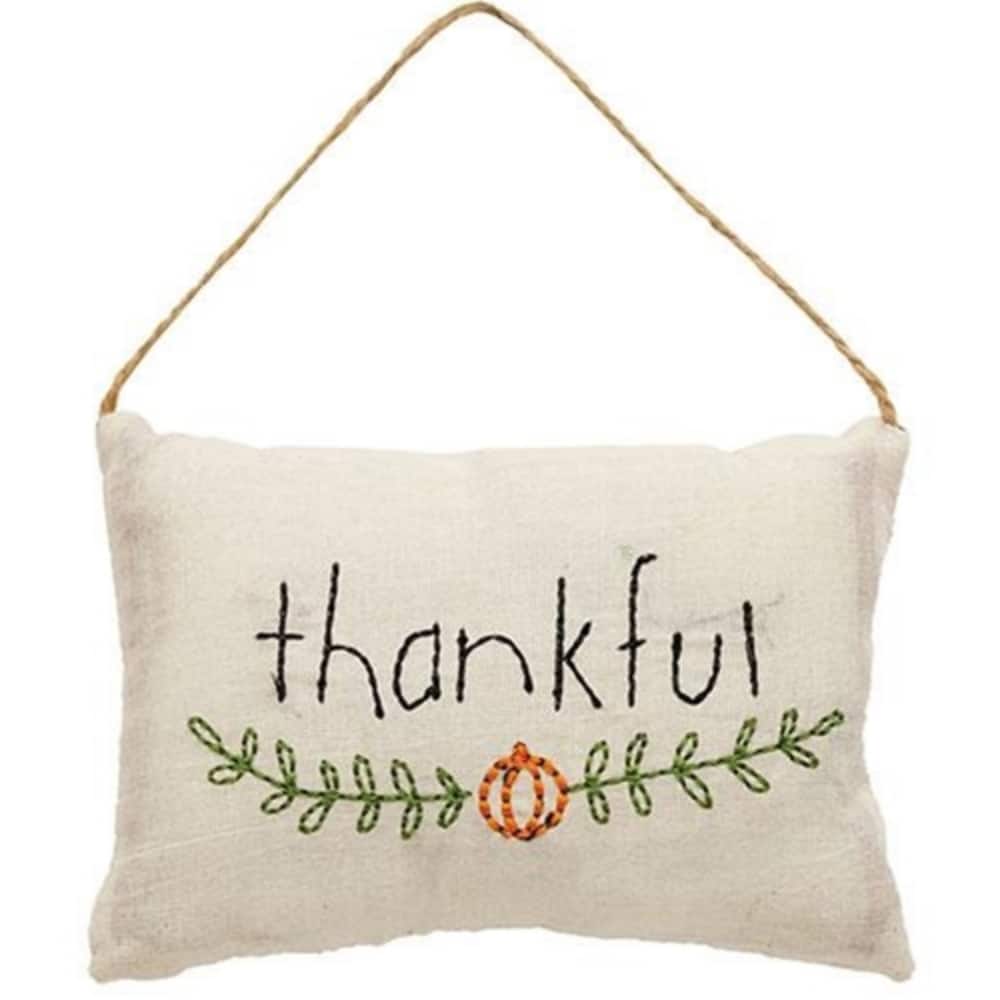 Thankful Fall Pillow Ornament with Embroidered Pumpkin and Jute Hanger for Thanksgiving Decor - 4.75" x 1.5" x 3.25"