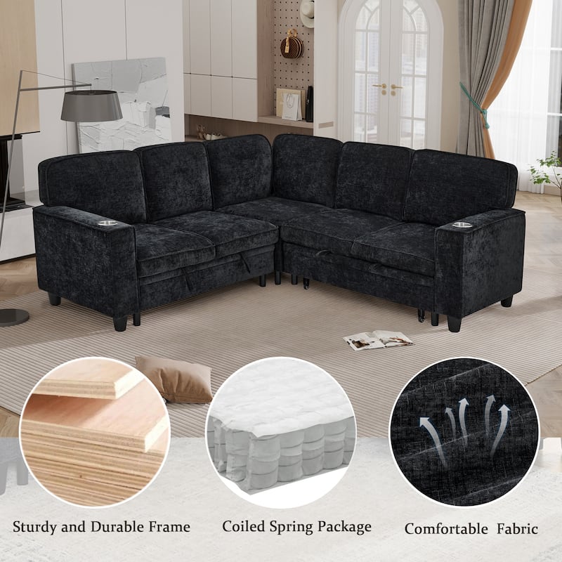 81" Chenille L-Shaped Sofa Bed with USB, 5-Seater