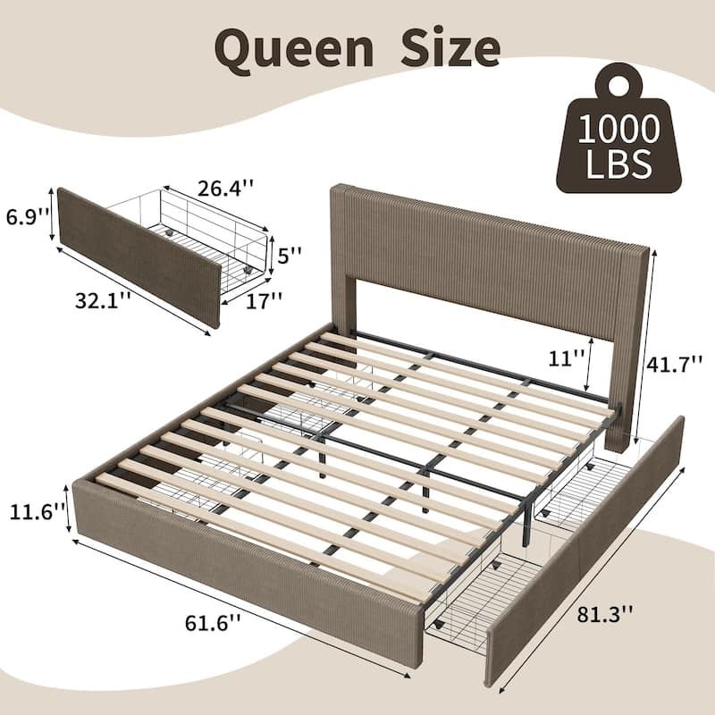 Upholstered Corduroy Channel Tufted Headboard Bed Frame, with 4 Storage Drawers