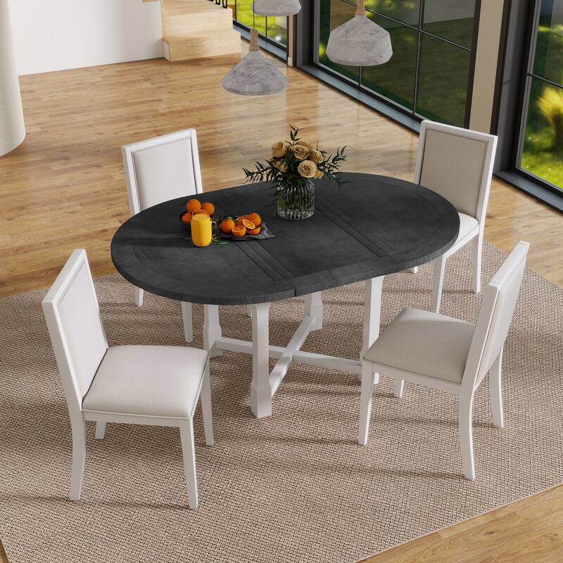 5-Piece Extendable Dining Table Set for 4, Round Dining Table for 4 with Upholstered Chairs, Farmhouse Kitchen Table Set