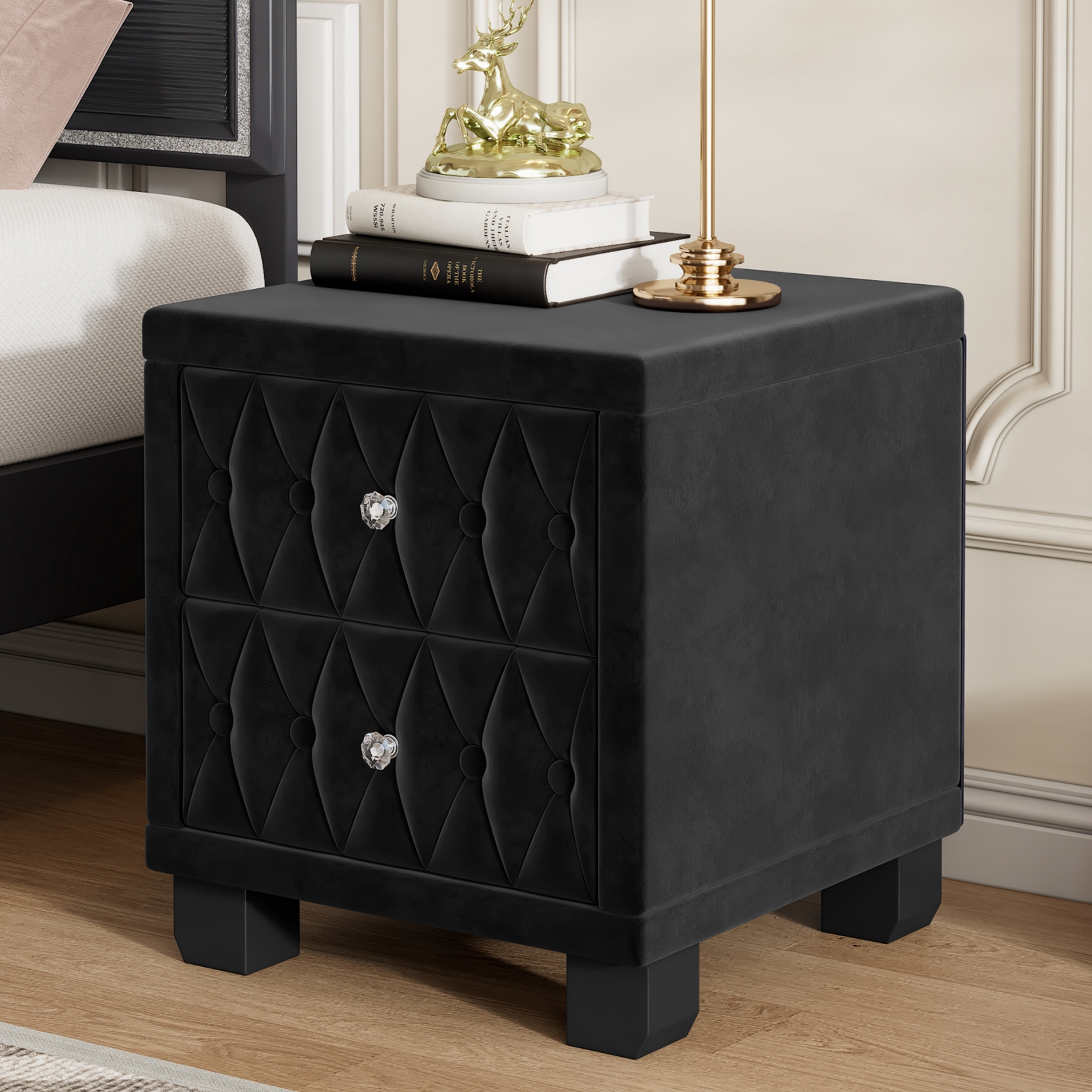 Elegant Velvet Nightstand with 2 Drawers and Crystal Handle, Storage Bedside Table with Button-Tufted