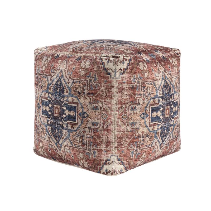 HomeRoots 18" Navy Blue and Terra Cotta Upholstered Medallion Pouf Ottoman