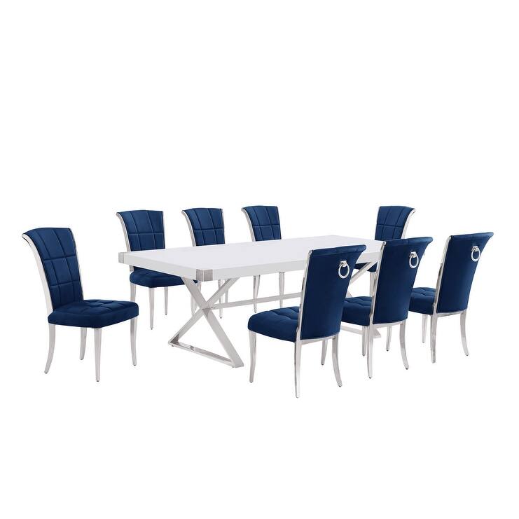 Best Quality Furniture D442/3-SC320-7 Dining Set with 94" White Lacquer Wood Top