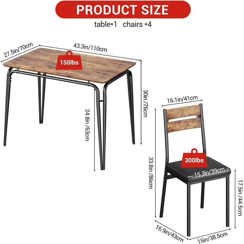 5-Piece Dining Table Set with Upholstered Chairs, Square Table with Metal Frame for Kitchen or Dining Room