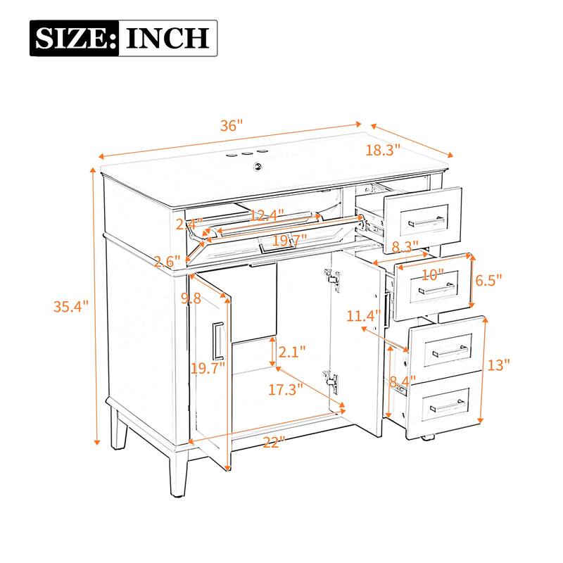 36" Bathroom Vanity Cabinet with Ceramic Sink, Soft-Close Door and 4 Storage Drawers