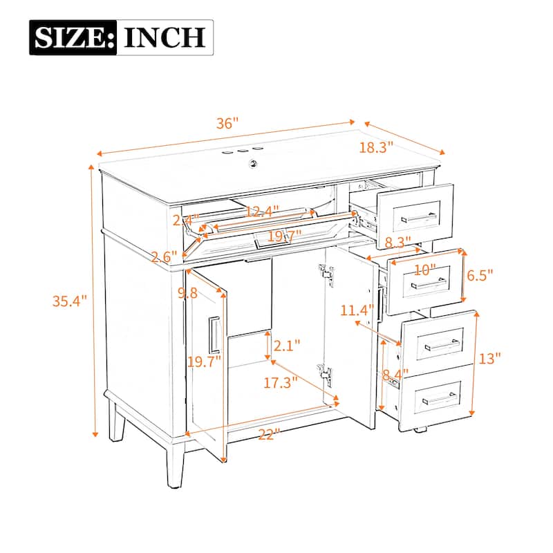 36 Inch White Bathroom Vanity with Ceramic Sink, Modern Freestanding Cabinet with Soft Close Doors and 4 Drawers