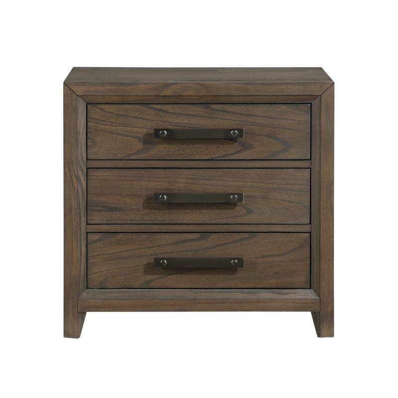 Wyn 27 Inch Nightstand, 3 Drawers, Nickel Handles, Brushed Walnut Brown