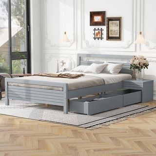 Full Size Pine Wooden Platform Kids Bed with Headboard,2-Removable Storage Drawers & 2-Bedside Tables, Easy to Assemble, Grey